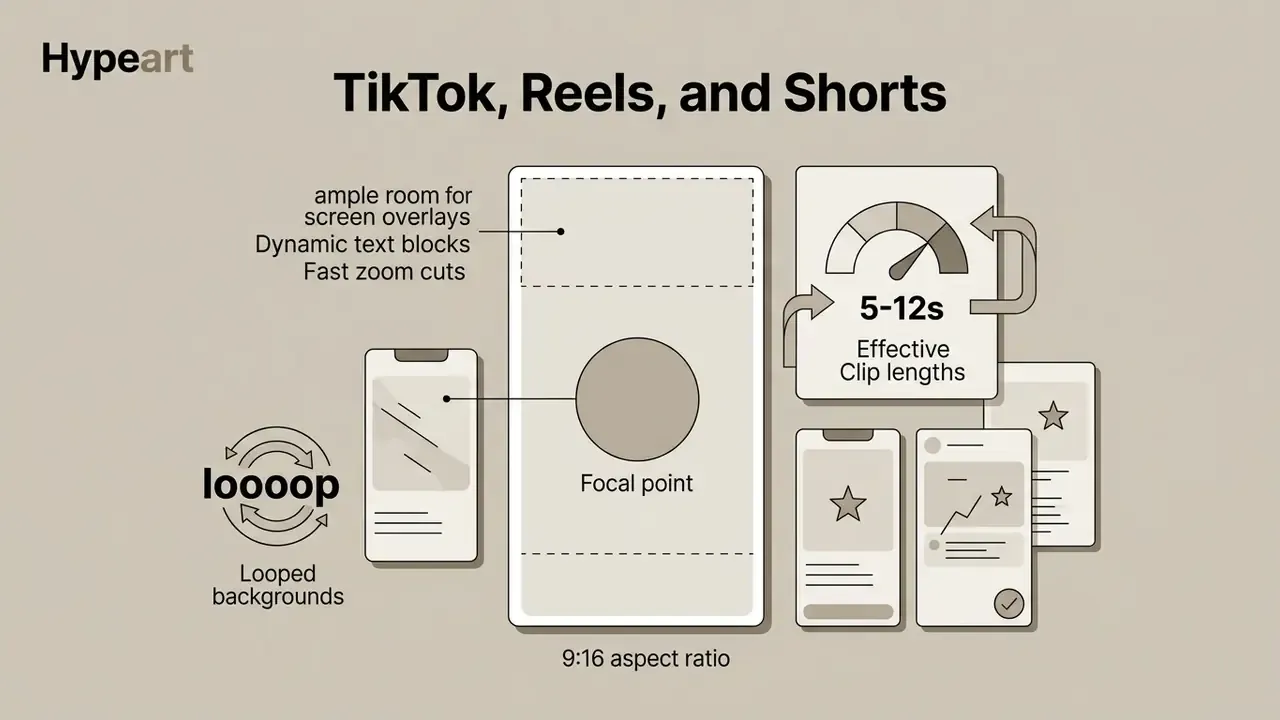 Vertical phone layouts showing focal points, looped backgrounds, and a speed gauge for clip duration