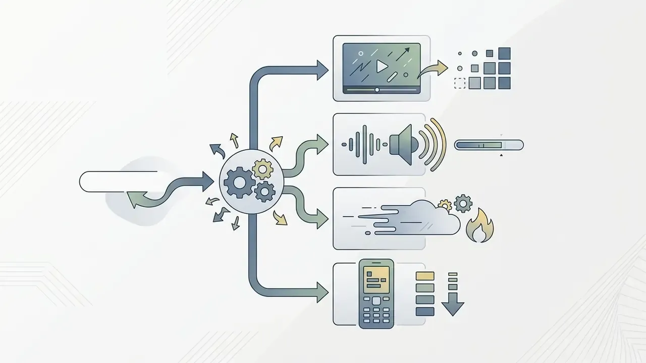 Central gear mechanism branching into four icons representing video, audio, web, and mobile formats