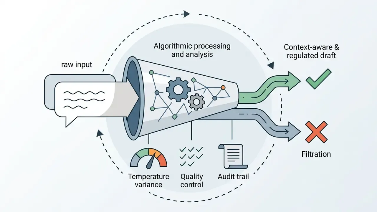 Funnel diagram showing raw input undergoing algorithmic analysis with quality control and audit tracking