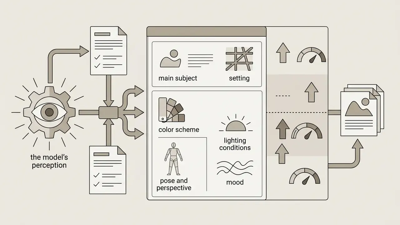Eye inside a gear analyzing visual attributes like subject and mood to output a structured report