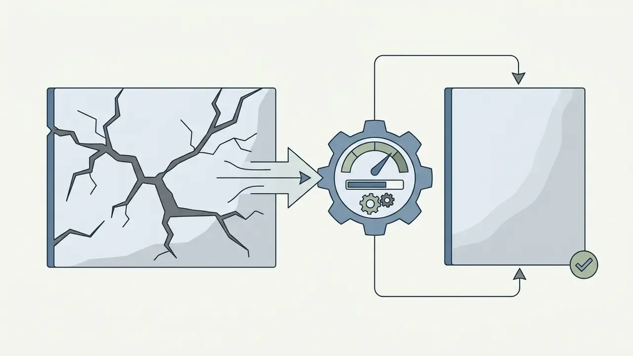 Cracked document passing through a gear mechanism to emerge as a clean restored file