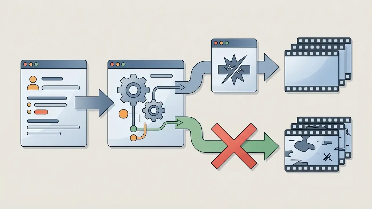 Process flow showing user inputs processed by a system to generate clean or artifact-filled video output