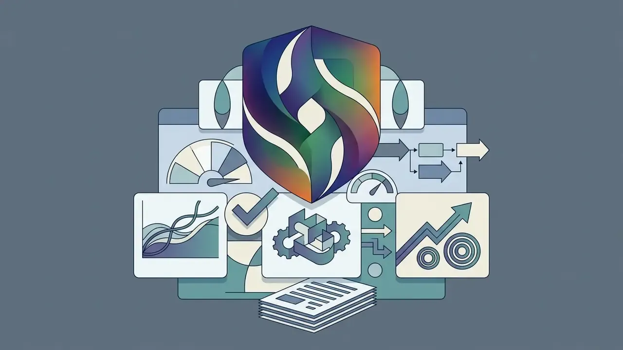 Colorful gradient shield emblem floating above icons representing data charts, gears, and document files