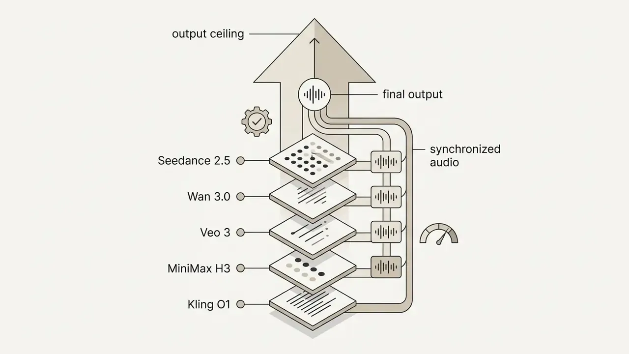 Stacked layers representing different AI models connected to a central audio synchronization process