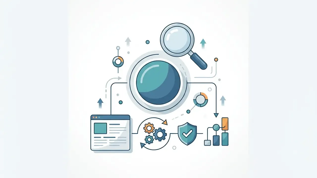Magnifying glass over a circle with icons of a document, gears, shield, and charts for SEO optimization