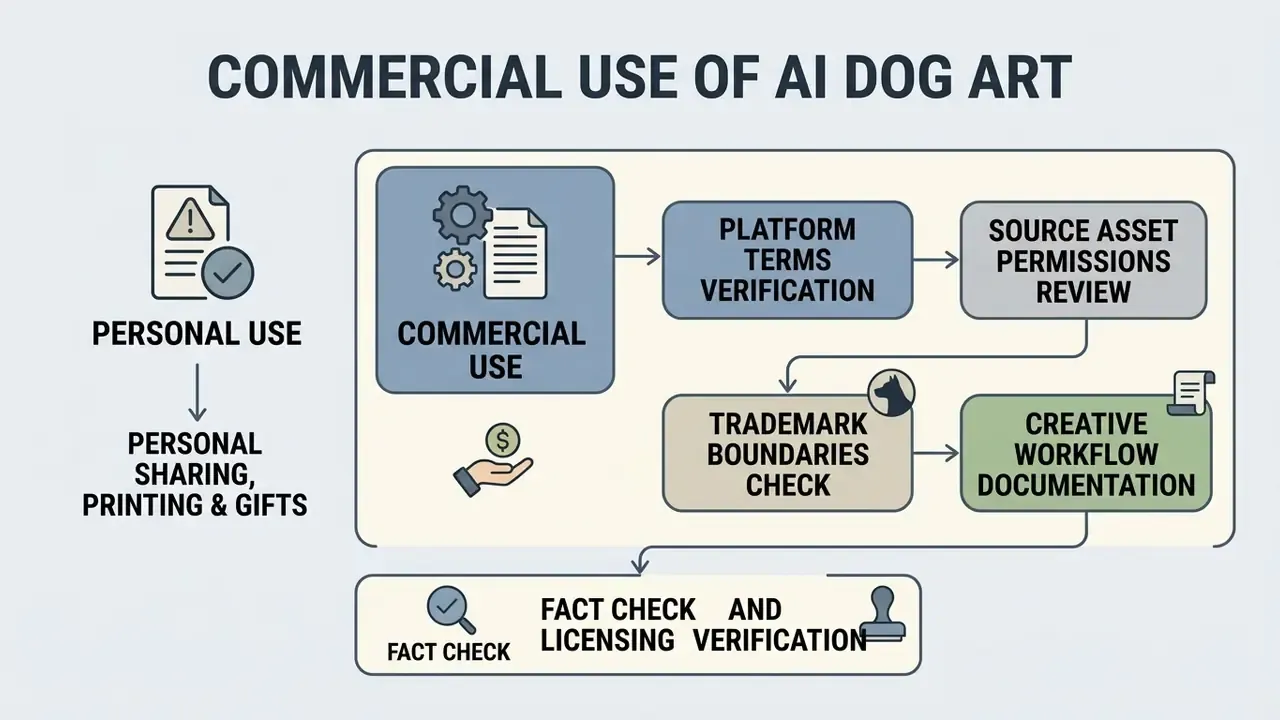Flowchart outlining legal and licensing steps for the commercial use of generated canine imagery