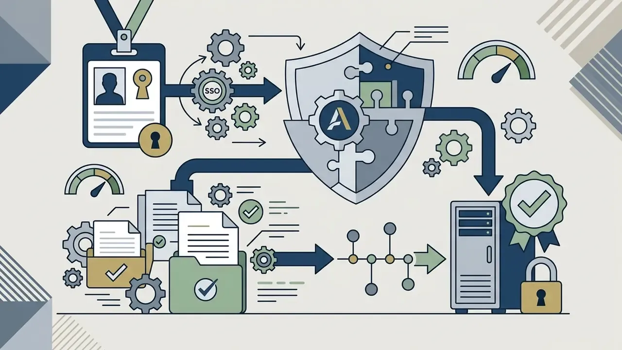 User ID and SSO credentials feeding into a shield hub that connects to server storage and audit logs