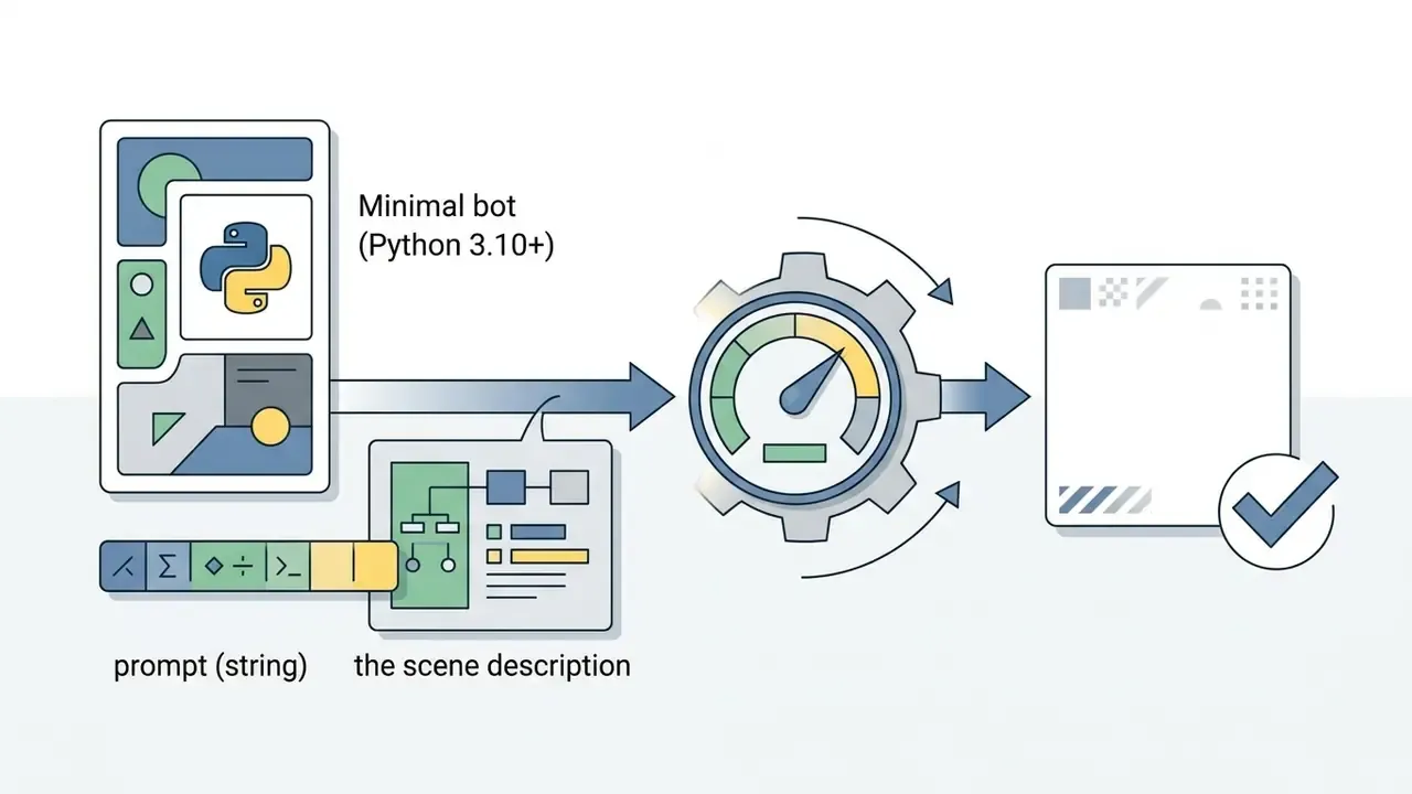 Python code block feeding a prompt string into a processing gear icon to generate a finished image