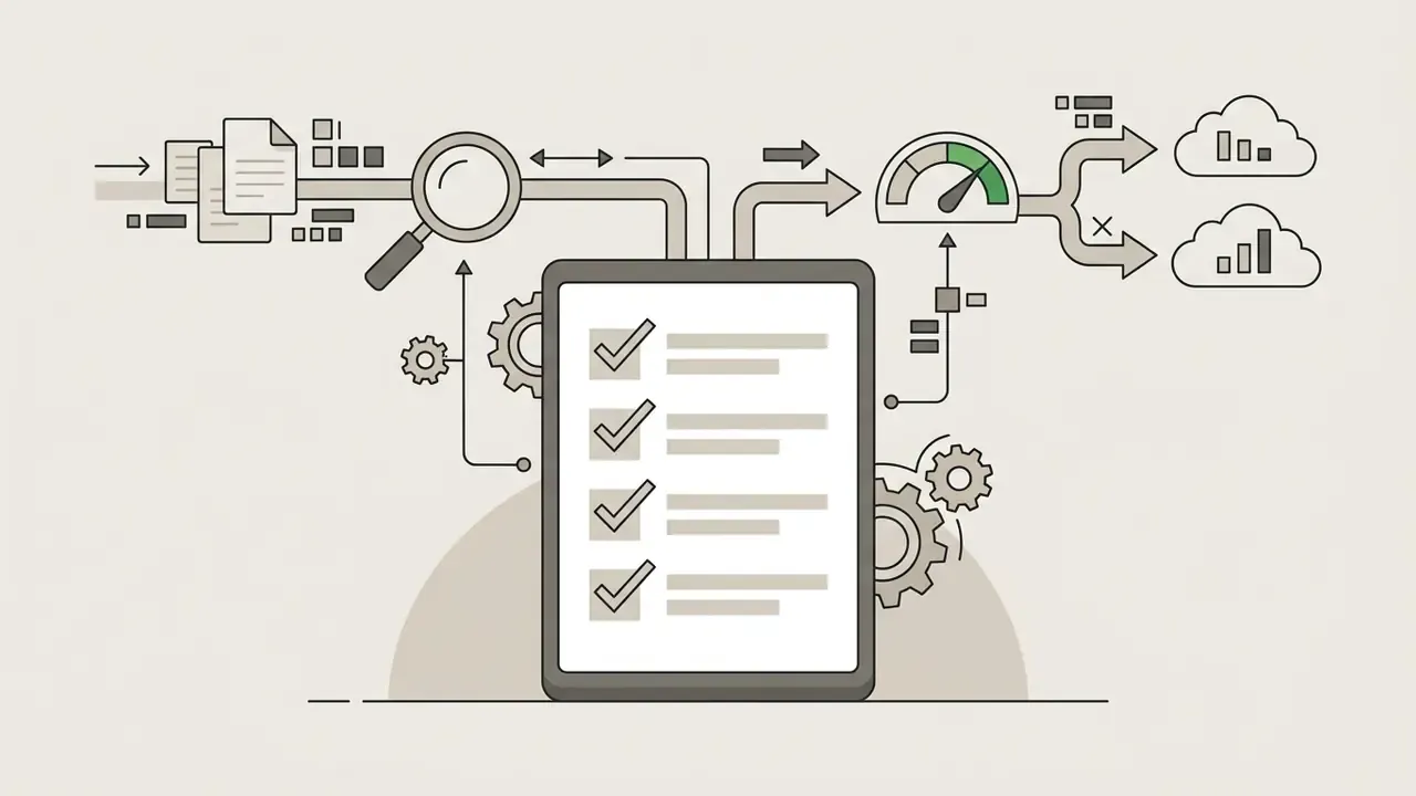 Document inspection process flow with magnifying glass, checklist, speedometer, and cloud data routing