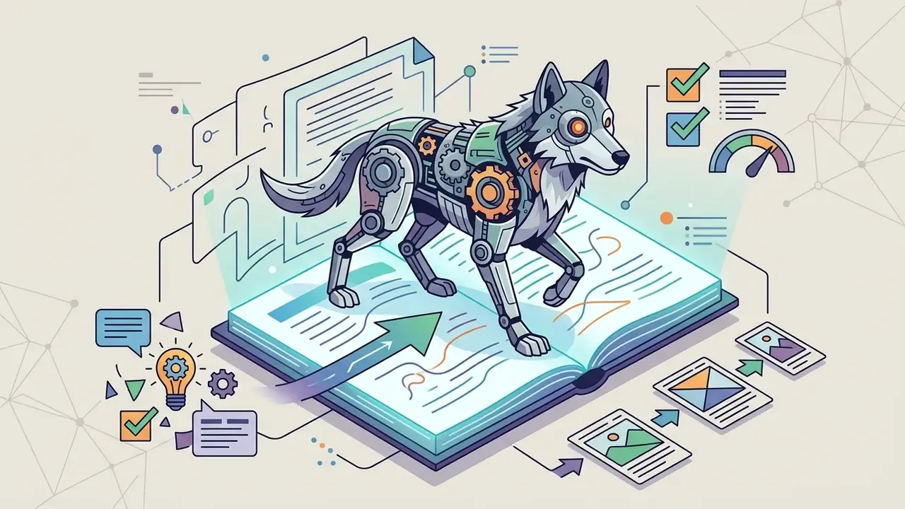 Mechanical wolf standing on an open book surrounded by workflow icons and document processing graphics