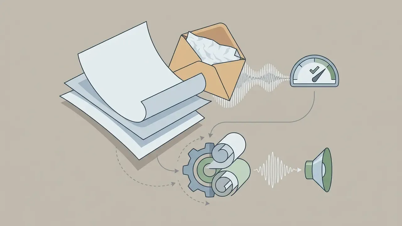 Paper and envelope icons linked to gear mechanisms and audio waveforms producing sound through a speaker