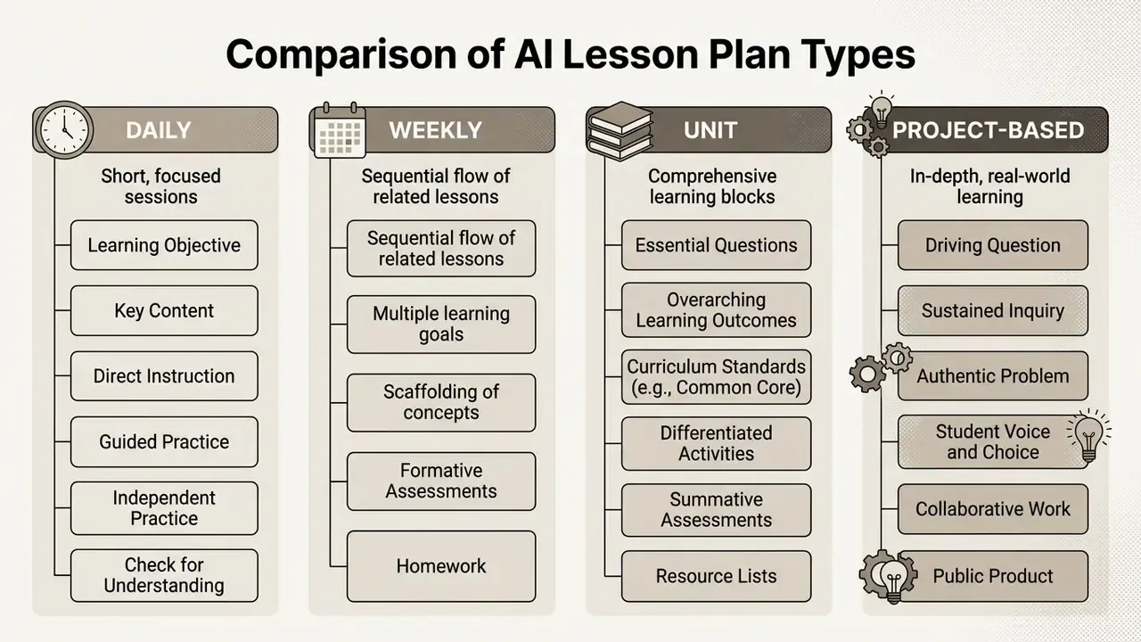Table comparing structural components of daily, weekly, unit, and project-based educational plans