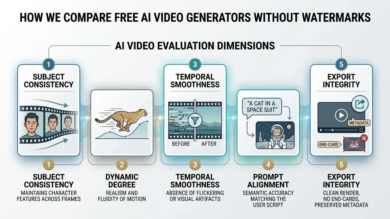 Five numbered steps illustrating evaluation criteria for a free AI text to video generator