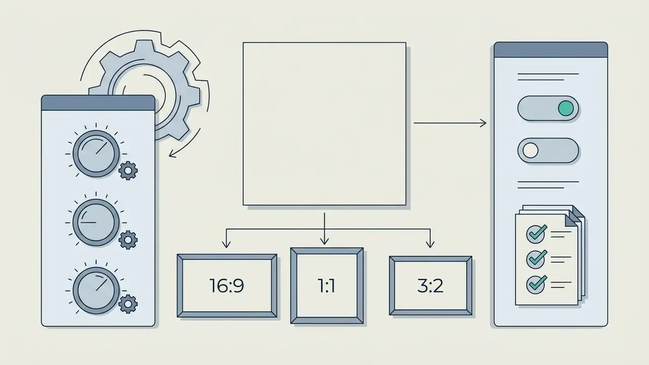 Control panel with dials and toggles connected to aspect ratio selection boxes for image dimensions