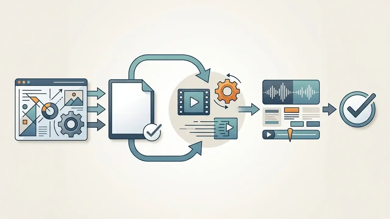 Digital assets moving through a cyclic animation process into a video editor for final production