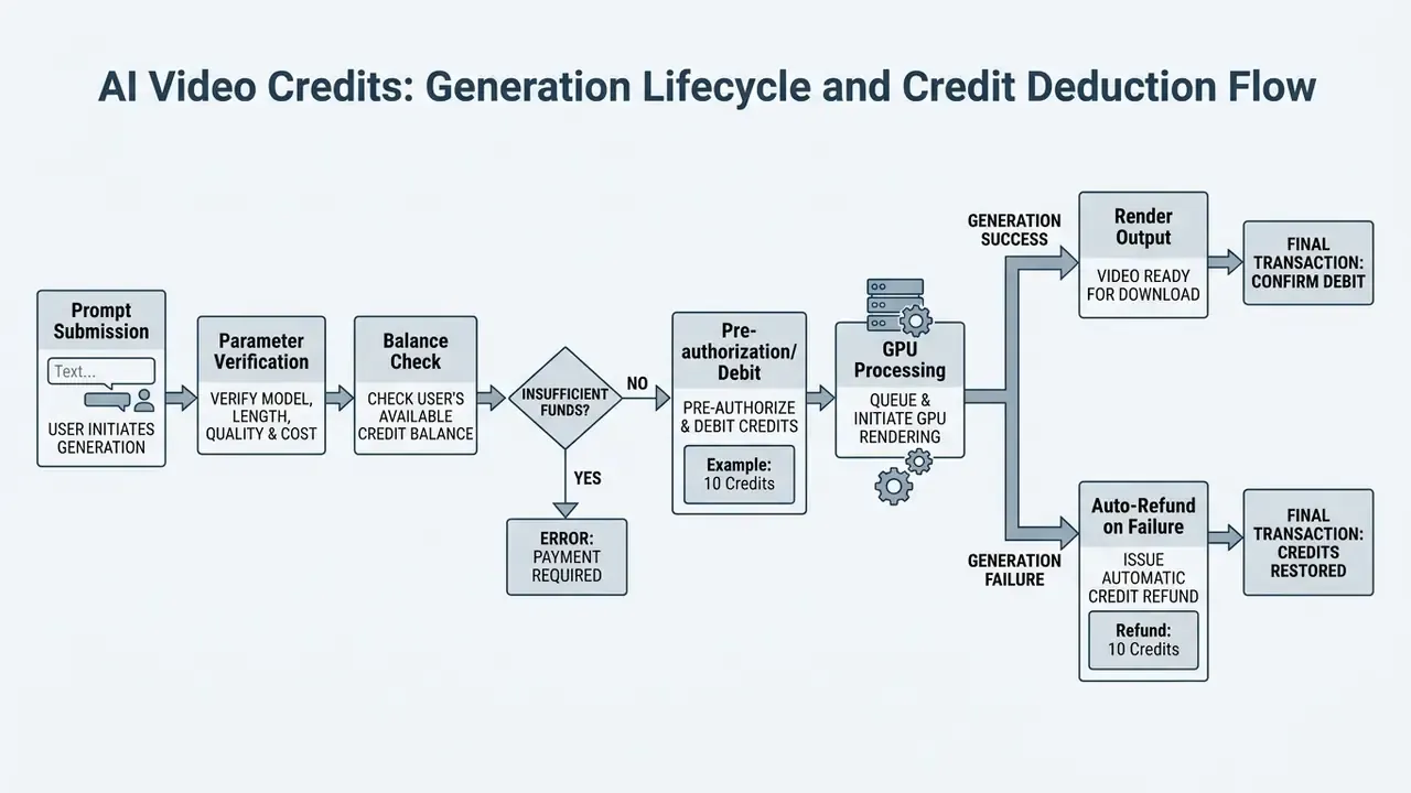 Flowchart showing the step-by-step process of credit deduction from prompt submission to render output