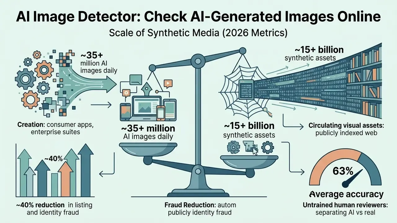 Infographic showing the growth of AI images and the role of an AI image detector in fraud reduction