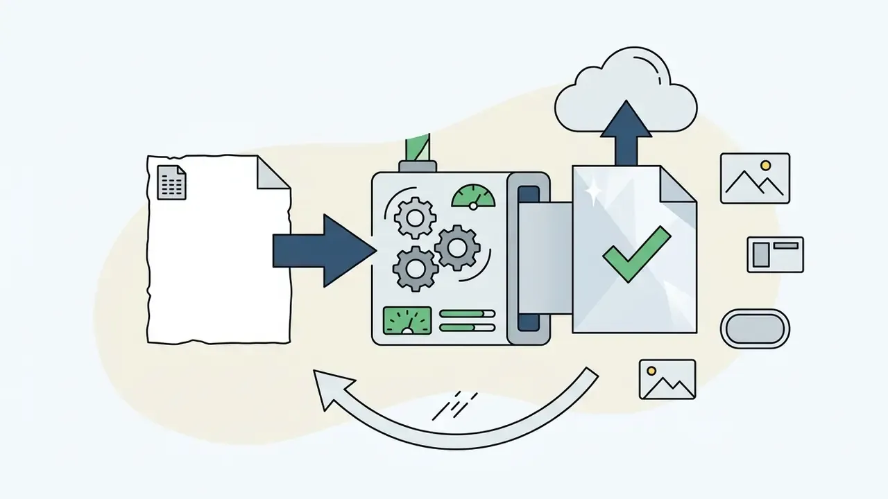 Document entering a gear-driven processing machine to emerge as a refined file uploaded to the cloud