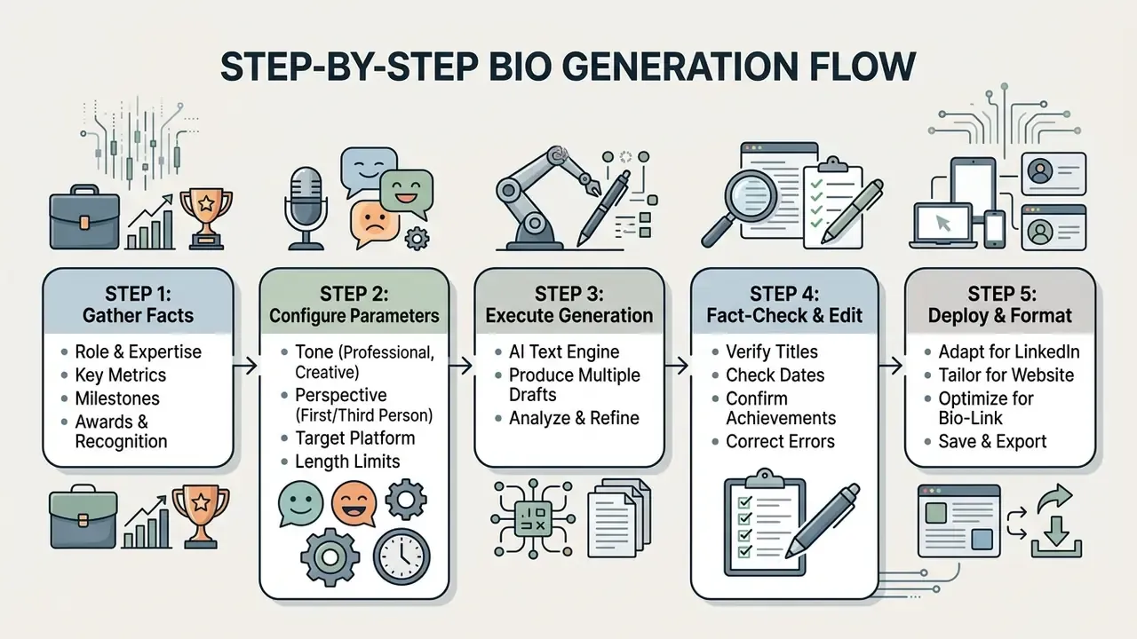 Five sequential stages for writing professional profiles including information gathering, parameter setting, and editing