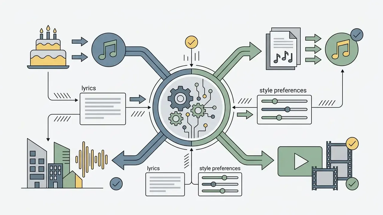 Central gear hub processing lyrics and style preferences into birthday songs, jingles, and video assets
