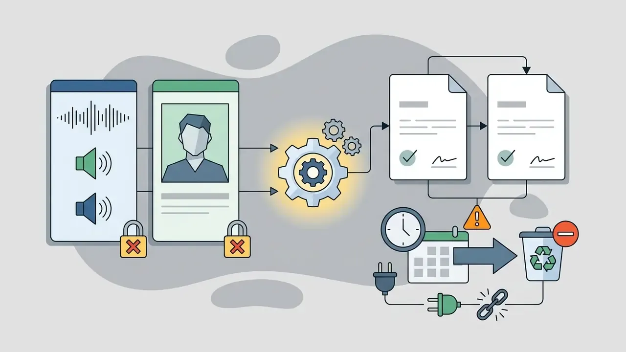 Voice and avatar assets flowing through a processing gear into signed documents and deletion workflows