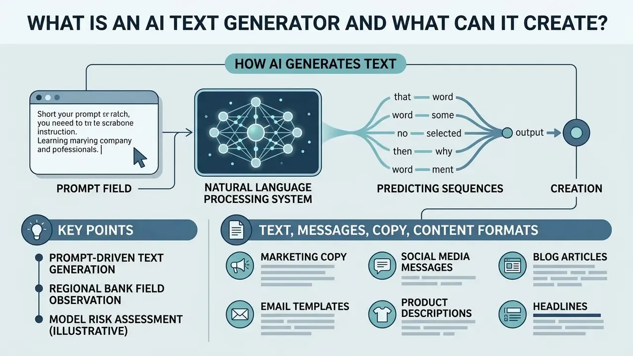 Infographic showing how an AI text generator processes prompts to predict word sequences and create content
