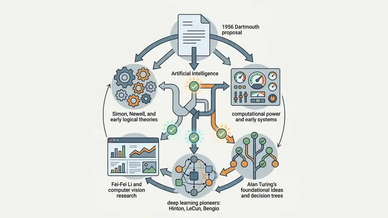 Circular diagram showing the 1956 Dartmouth proposal connecting to various AI research milestones and contributors