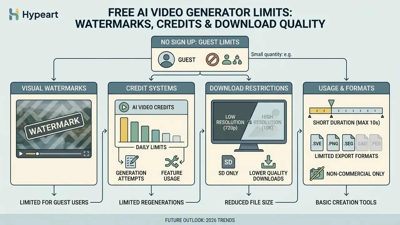 Flowchart displaying common constraints for a free AI video generator including watermarks and credit limits