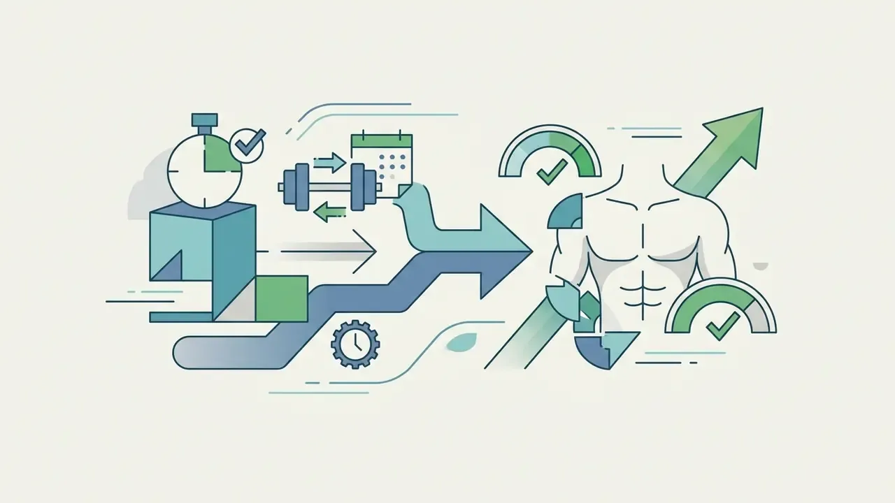 Icons of a timer, dumbbell, and calendar connecting to a muscular torso with growth arrows and gauges