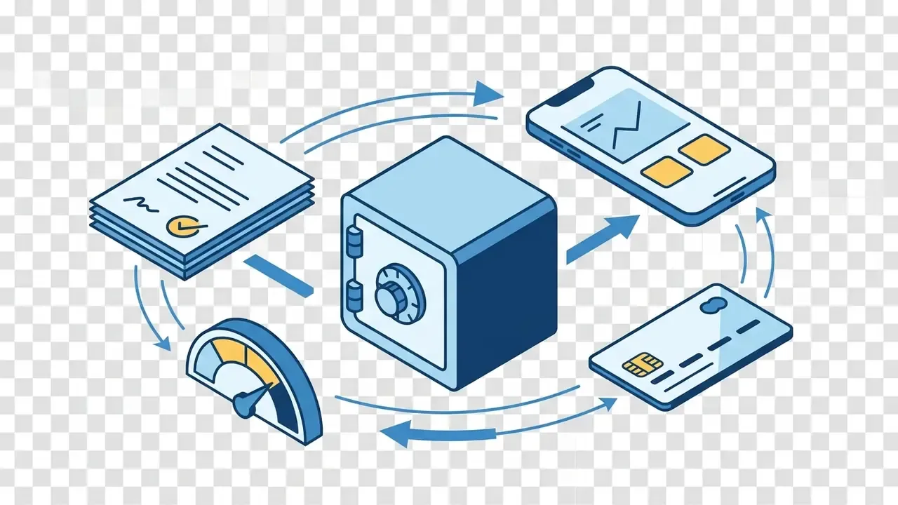 Isometric banking icons including a vault, mobile app, credit card, and documents linked by circular arrows