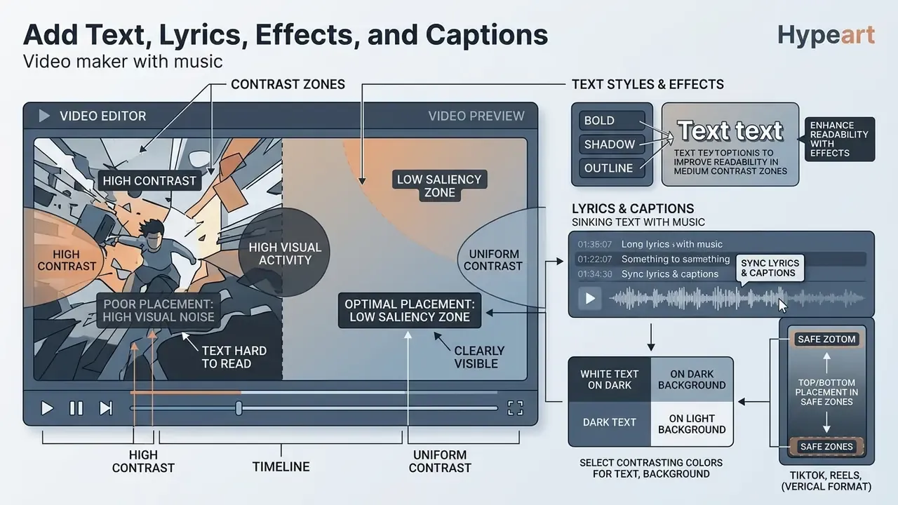 Infographic showing how to select low-saliency zones for text placement to ensure legibility