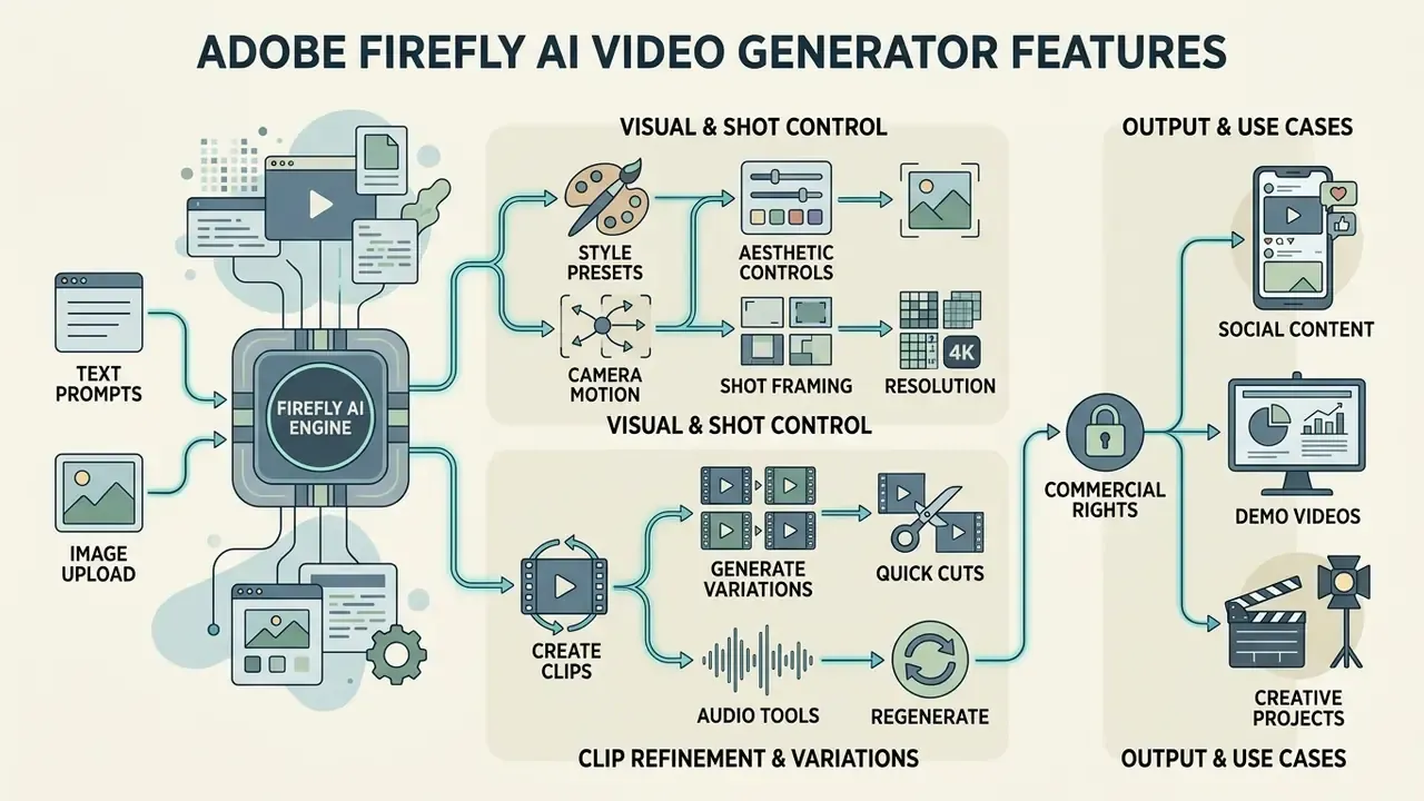 Flowchart illustrating how Firefly engine inputs translate into specific video styles, clip edits, and uses