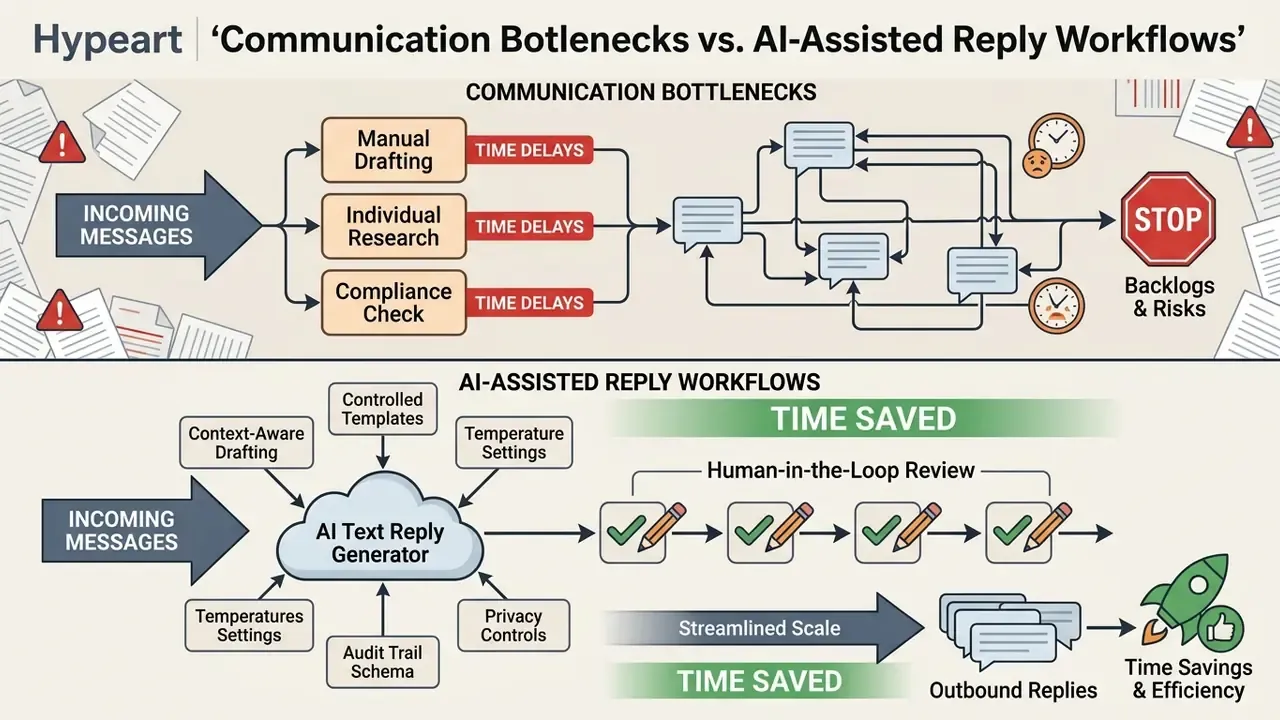 Flowchart comparing manual communication bottlenecks with a streamlined AI text reply generator workflow