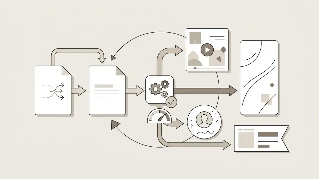 Process diagram showing data input flowing into a central processing hub to create social media content