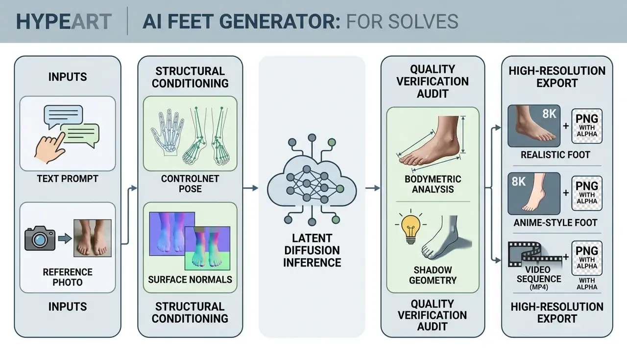 Flowchart showing the technical steps of an AI feet generator from input to high-resolution export