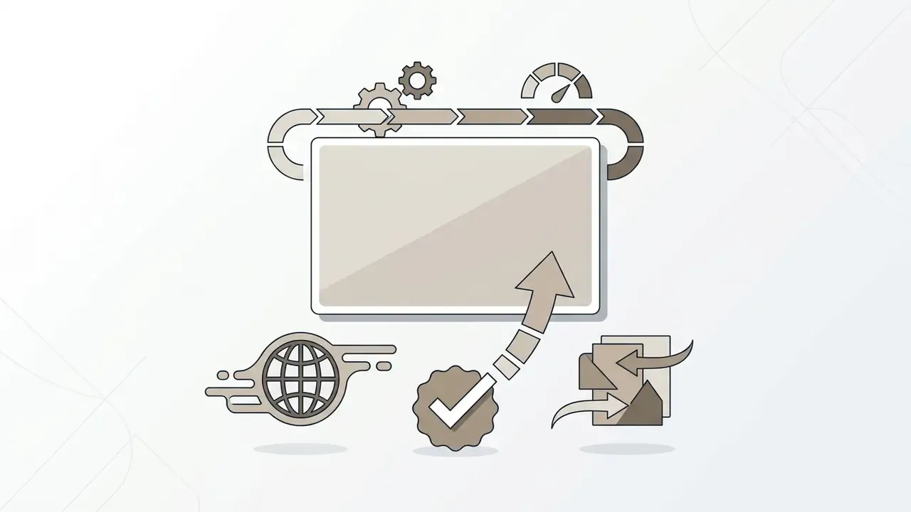 A central frame with icons for global connectivity, verification, and file organization