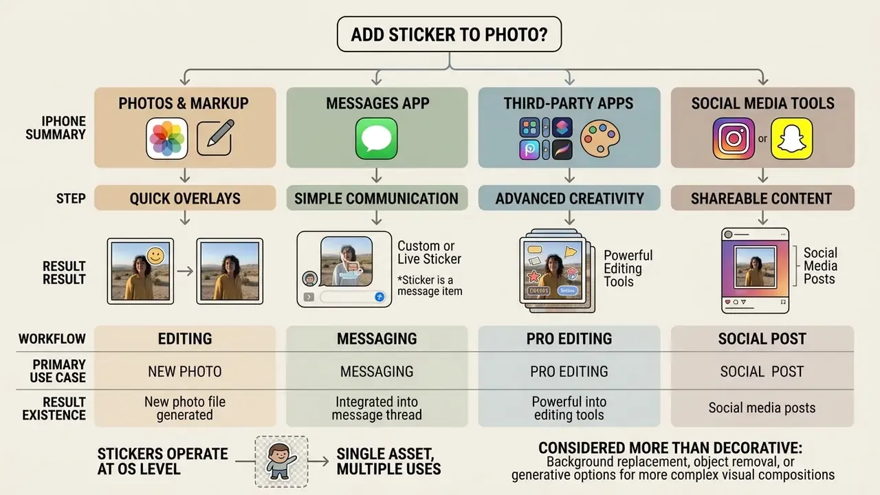 Flowchart comparing four methods to add a sticker to a photo on iPhone using apps and social media tools