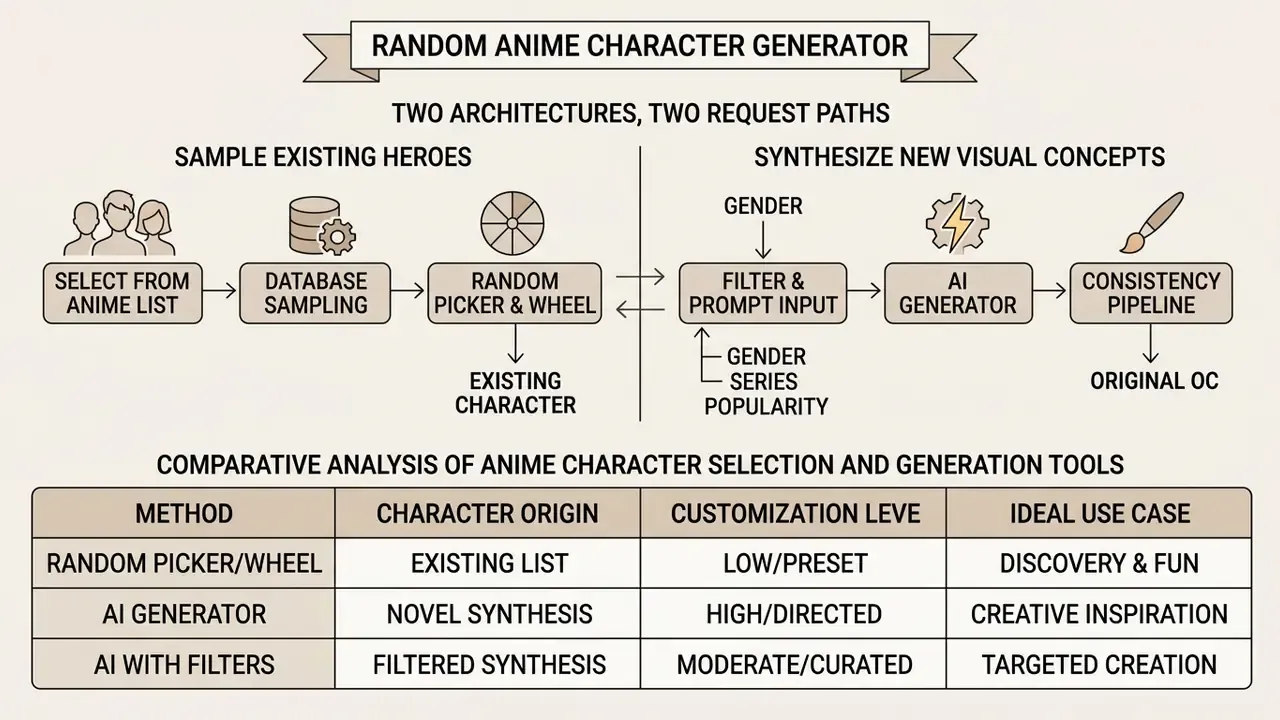 Flowchart comparing sampling existing anime characters with AI synthesis and a summary comparison table
