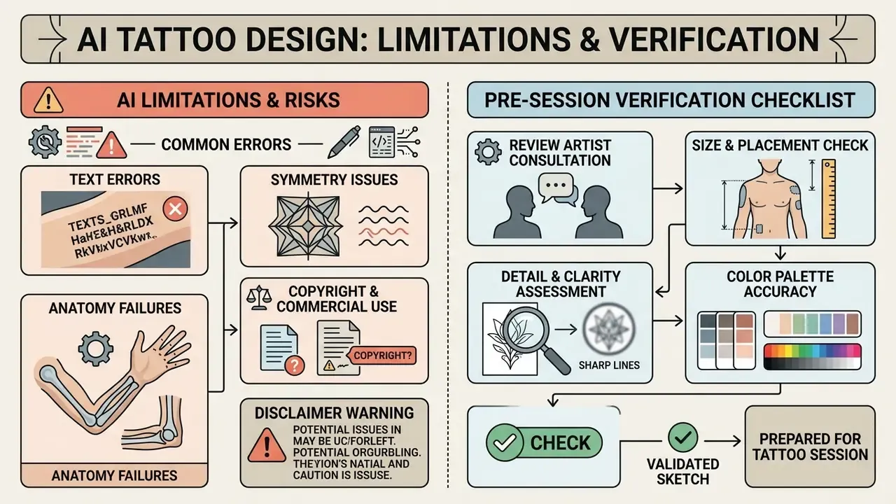 Infographic outlining AI tattoo design risks like anatomy errors alongside a pre-session verification checklist