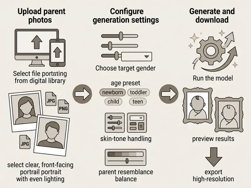 Three step workflow showing photo uploads, configuration sliders, and final portrait generation