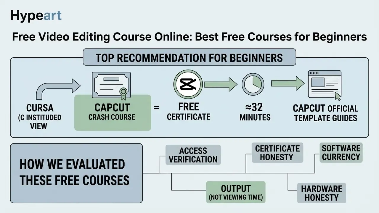 Infographic summarizing a free video editing course online with CapCut training and evaluation criteria