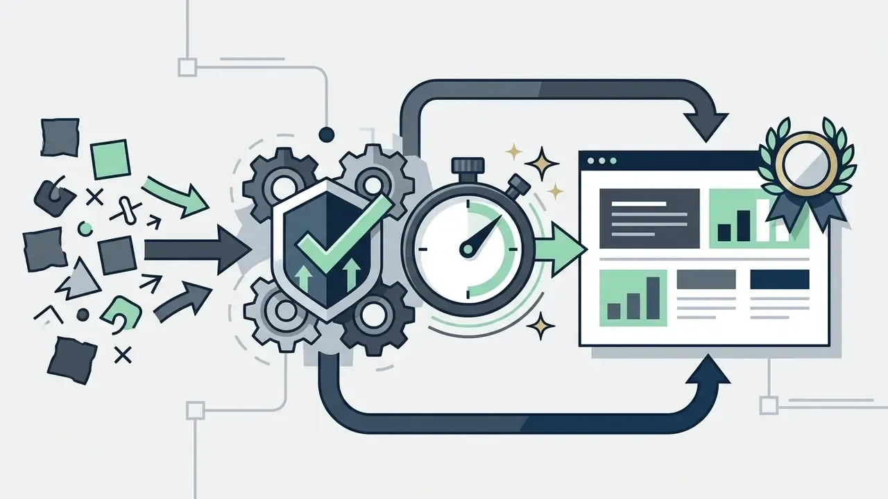 Abstract shapes moving through a gear and timer mechanism to form a polished presentation slide layout