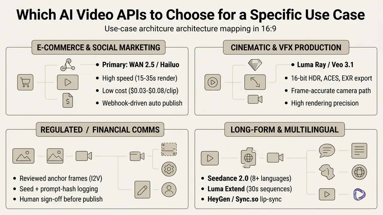 Four distinct quadrants mapping specific AI video API use cases to technical requirements and workflows