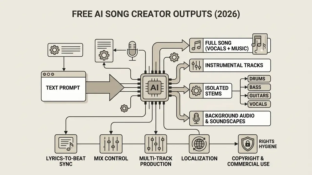Diagram showing how a free AI song creator processes text prompts into full songs, stems, and audio tracks