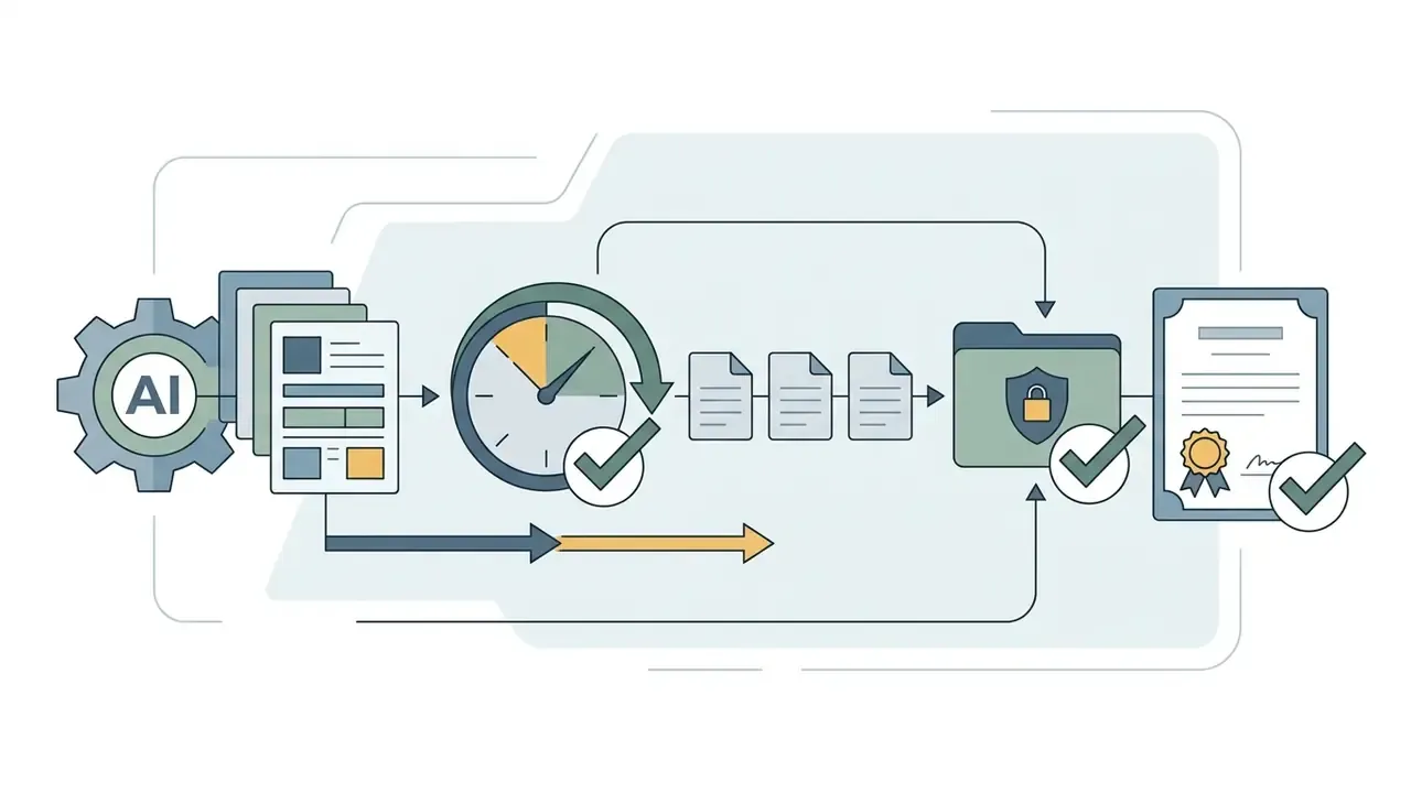 Documents moving through a timed retention process into a secure folder with a deletion certificate