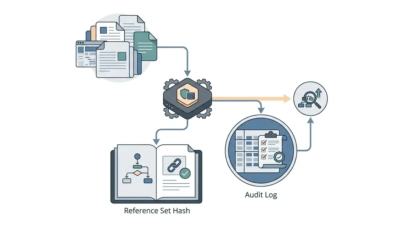 Documents flowing into a central processing unit to generate reference hashes and audit log entries