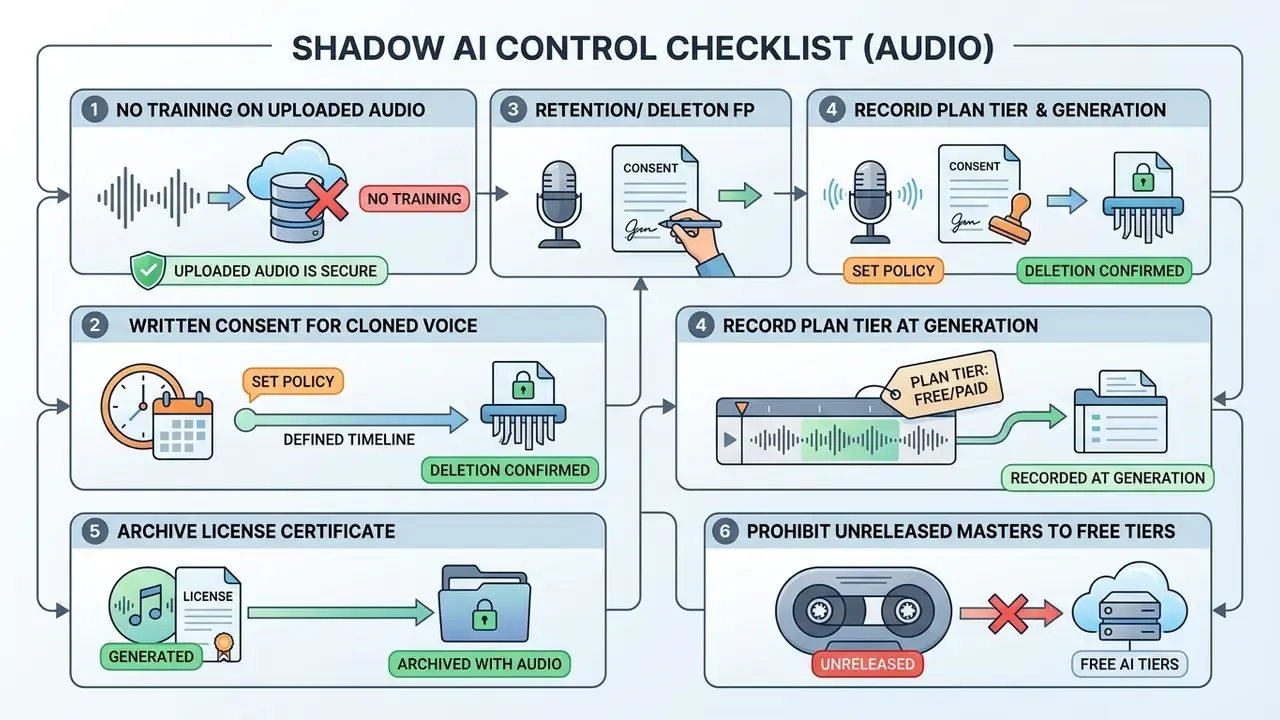 Numbered steps for managing audio data security including consent, retention policies, and license archiving