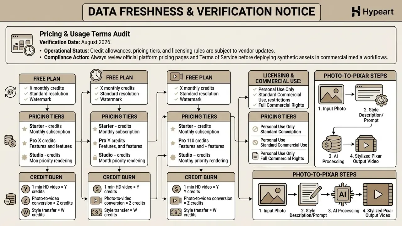 Structured overview of AI platform pricing tiers, credit usage, and photo-to-video conversion steps