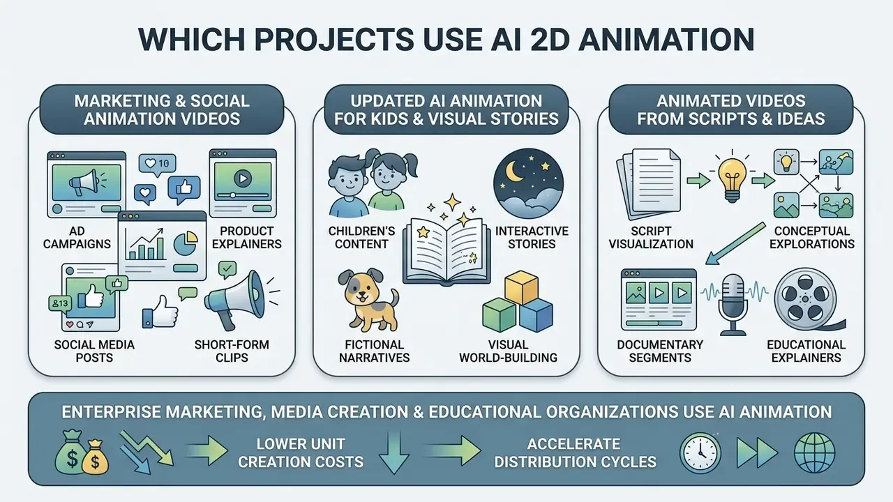 Infographic showing how marketing, storytelling, and script-to-video projects use AI 2D animation