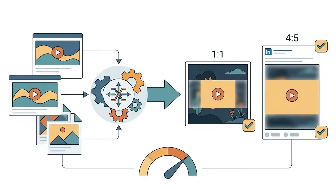 Media files entering a gear processor to be formatted into square and vertical social media layouts